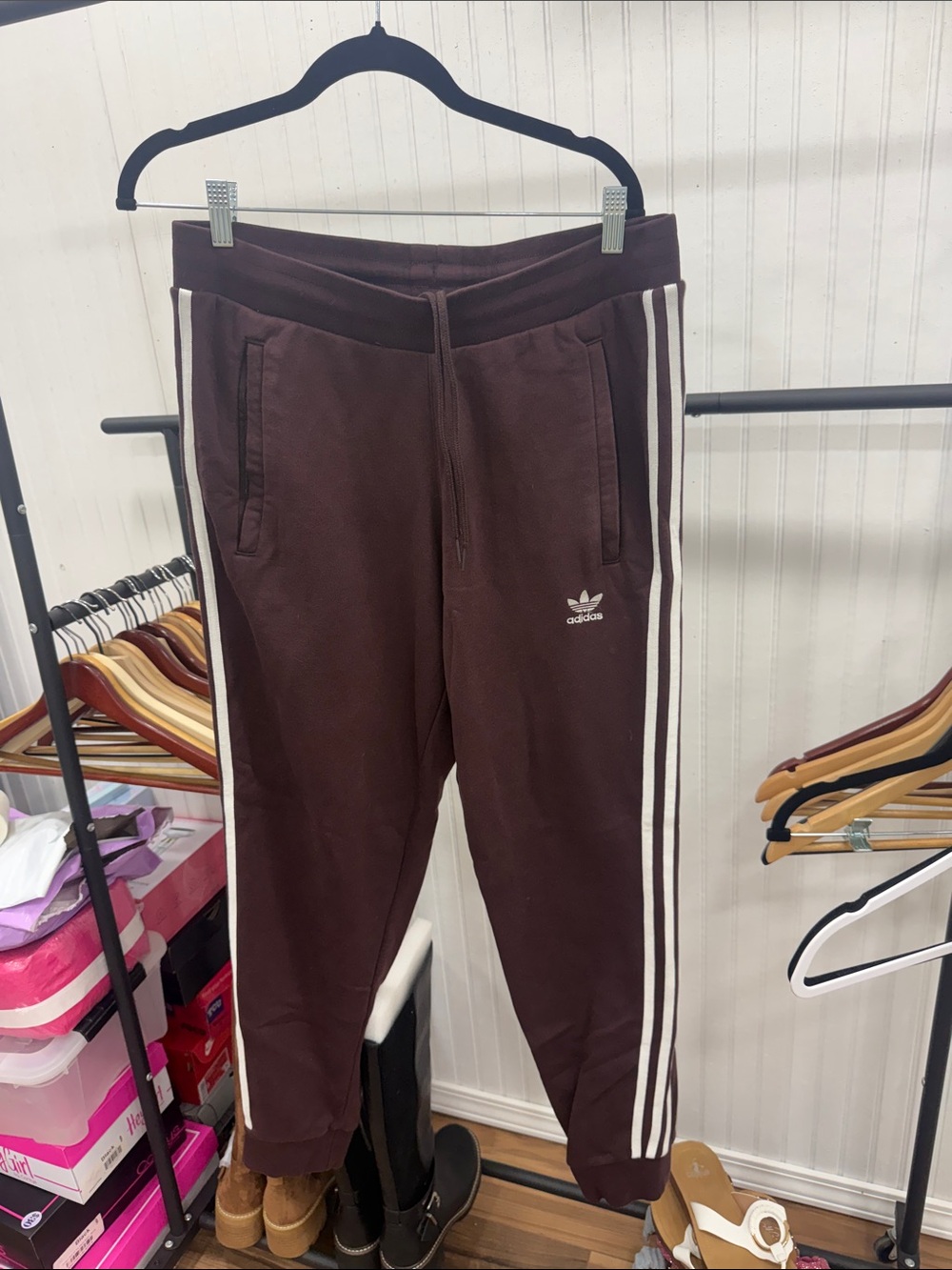 Like New adidas Chocolate Brown Joggers with White Three-Stripes women’s Large